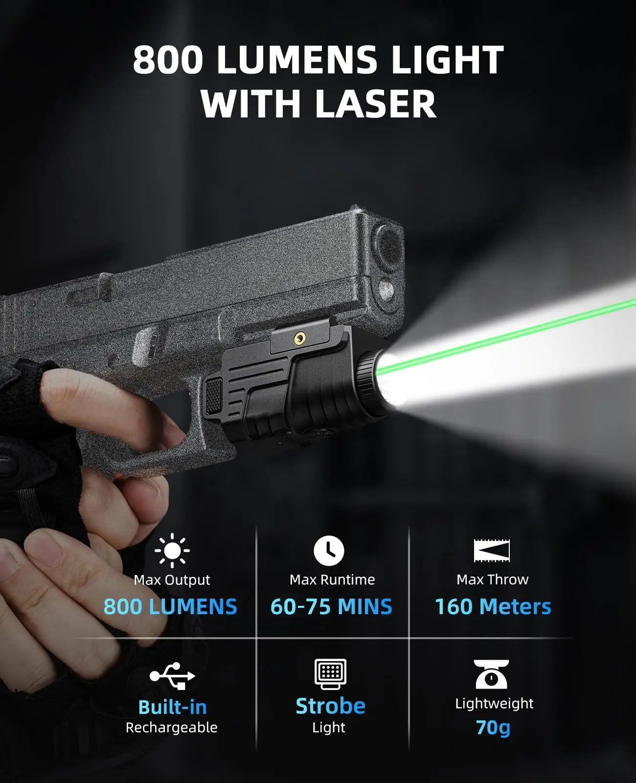 EZ shoot Flashlight 800 Lumens Pistol Green Light Laser Combo